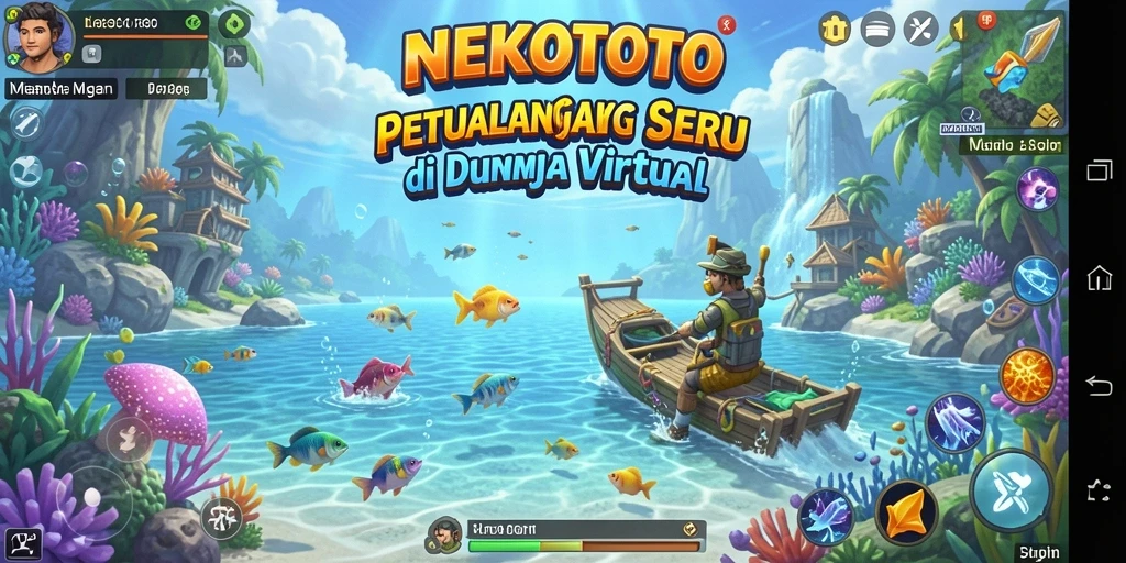 Gameplay seru memancing di NEKOTOTO dengan berbagai ikan.