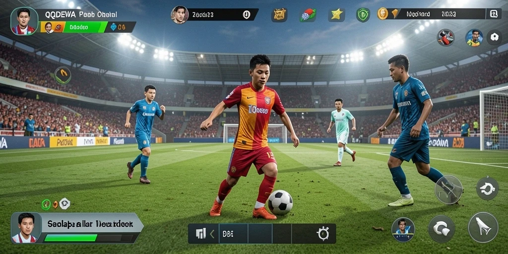 Screenshot utama QQDEWA menampilkan aksi seru di lapangan sepak bola.