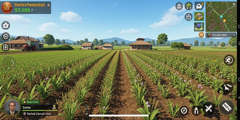 Tampilan gameplay SOJU88 dengan ladang yang subur dan karakter lucu.