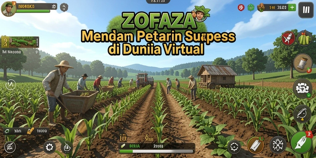 Gameplay ZOFAZA menampilkan pertanian yang indah dan interaktif.